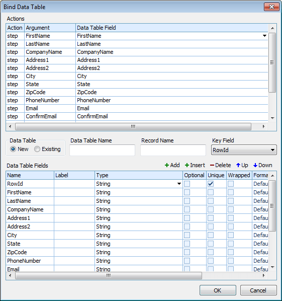 Generate, add or confifure data tables